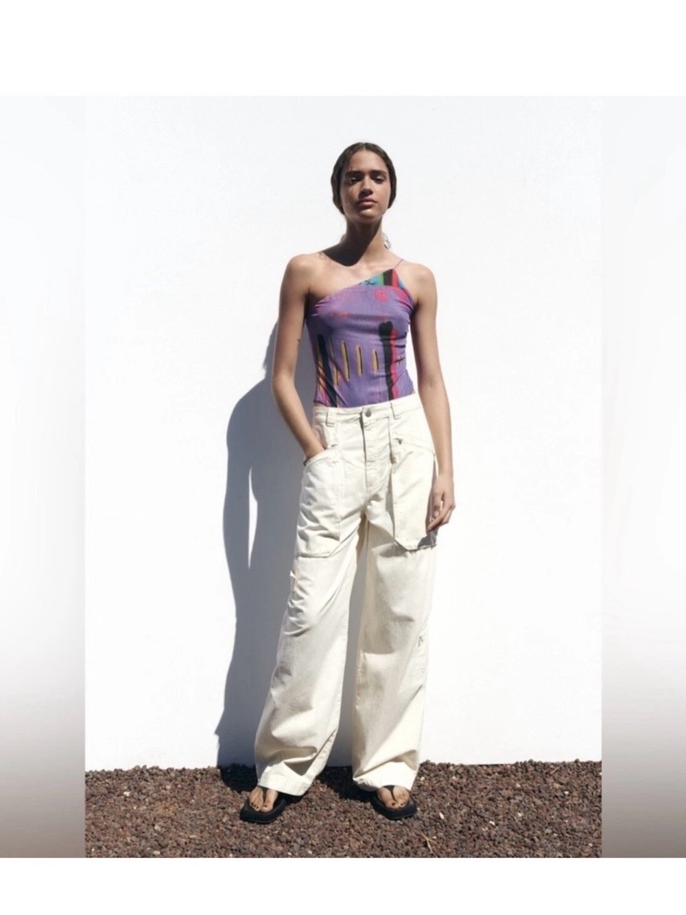 Zara One-Shoulder Purple Print Bodysuit with Cream Pants
